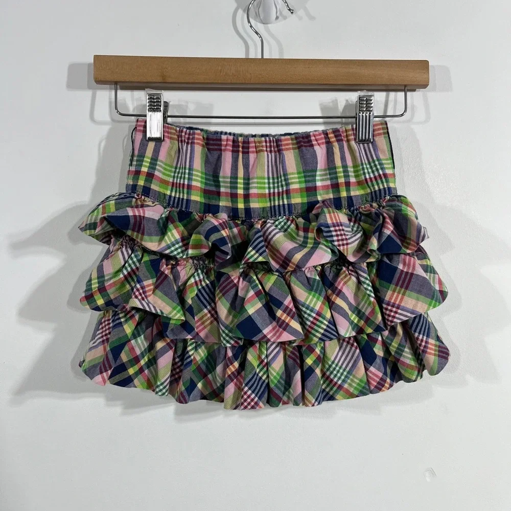 Ralph Lauren Girls Madras Plaid Tiered Ruffle Skirt Size 6 Cotton Pony Logo VTG